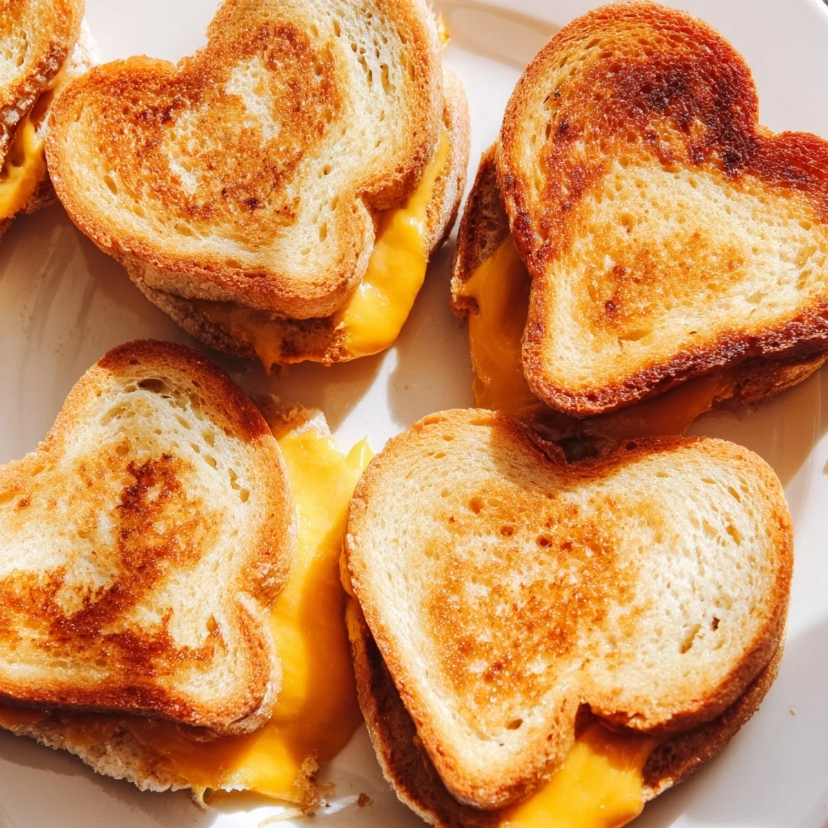 Golden, crispy mini grilled cheese hearts with melted cheddar oozing out, served warm on a platter for a party snack.