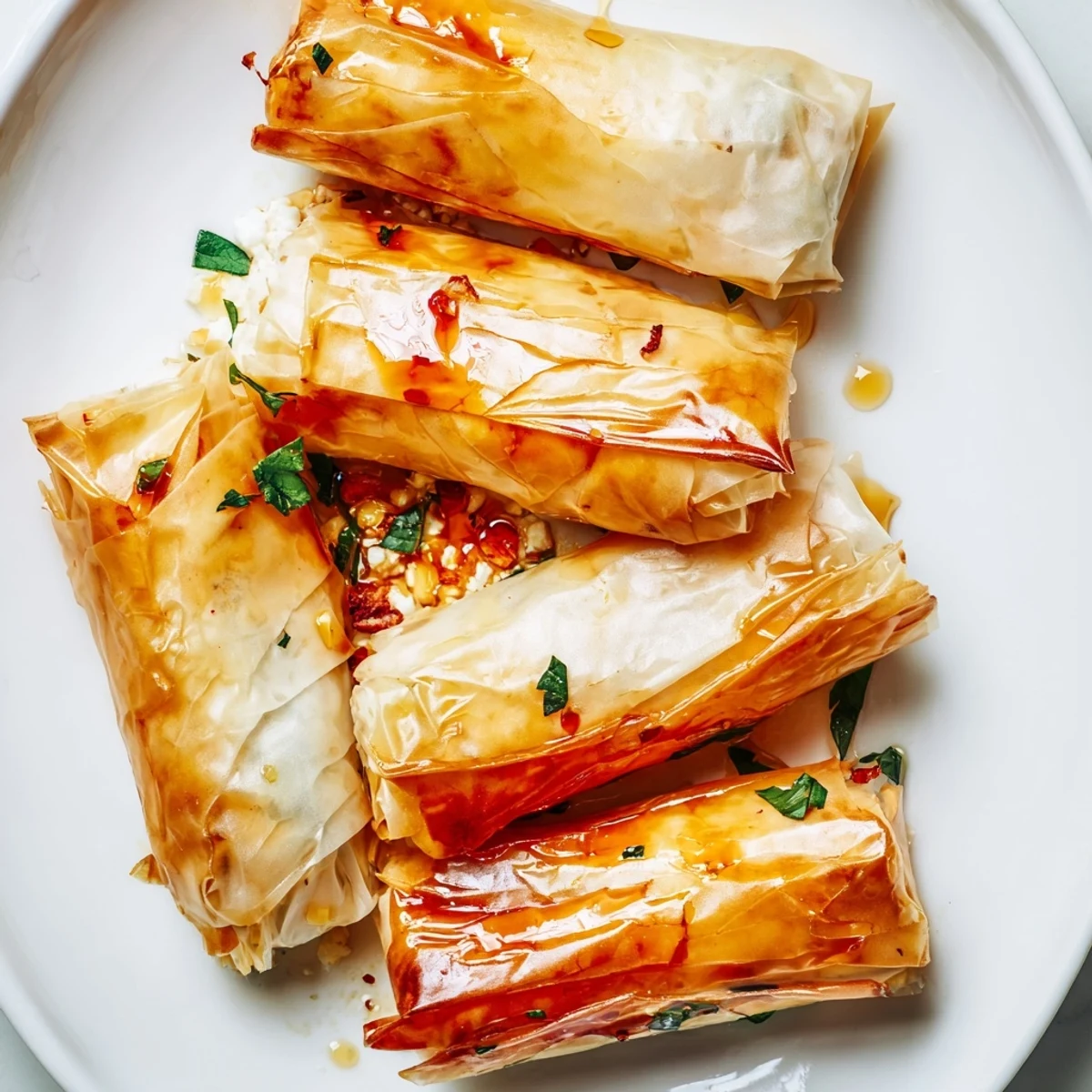 Fresh herbs and melted feta peek from flaky filo, topped with a glowing chili honey drizzle.