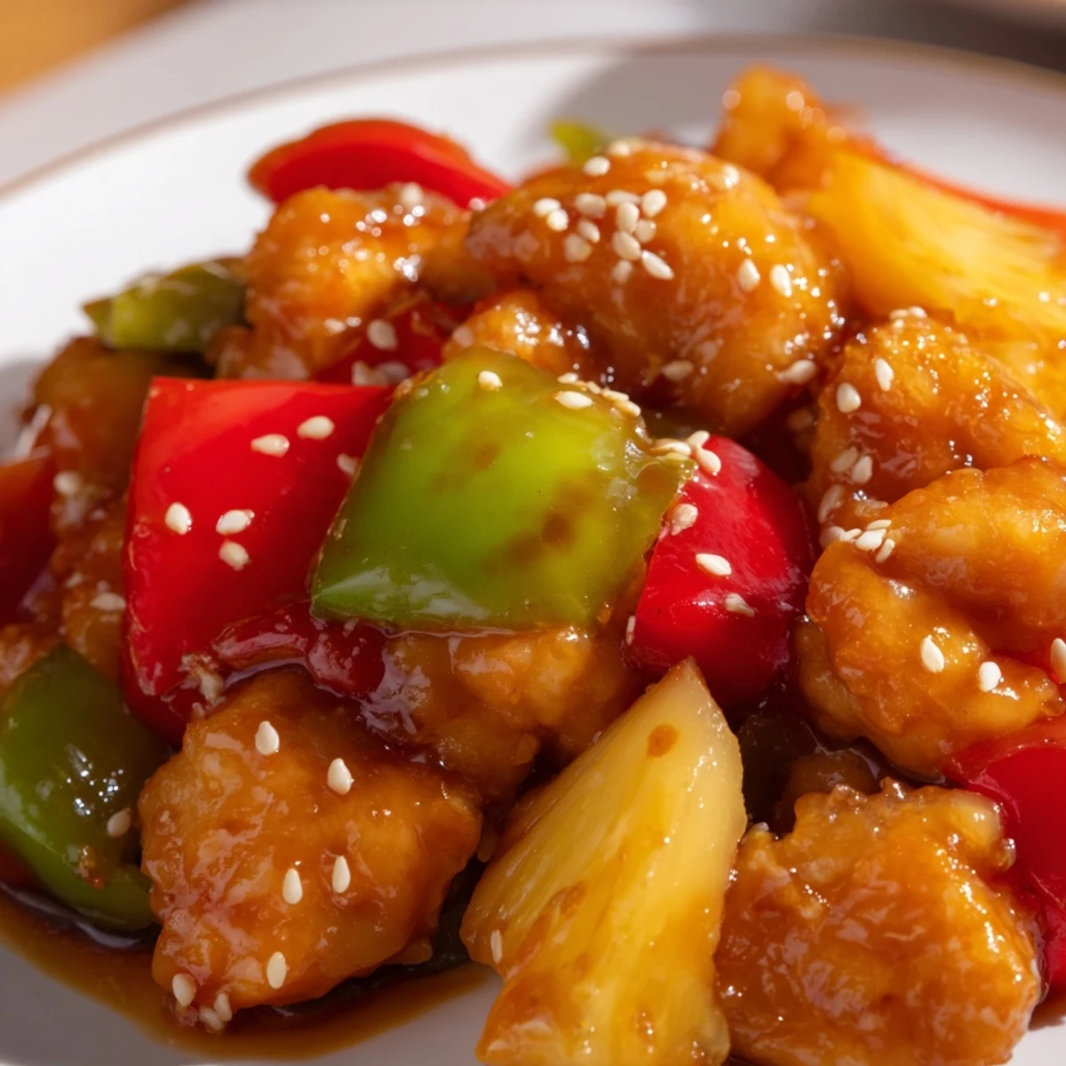 Tender chicken and crisp vegetables in Pineapple Chicken Stir Fry with Sweet Chili and Sesame Seeds, skillet ready for a quick weeknight dinner.