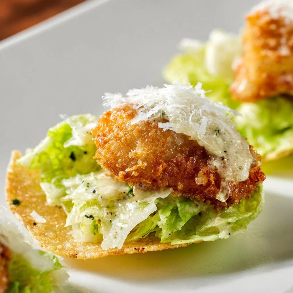 Golden baked potato chips hold shredded romaine and crispy chicken in this Crispy Chicken Caesar Salad Chips appetizer.