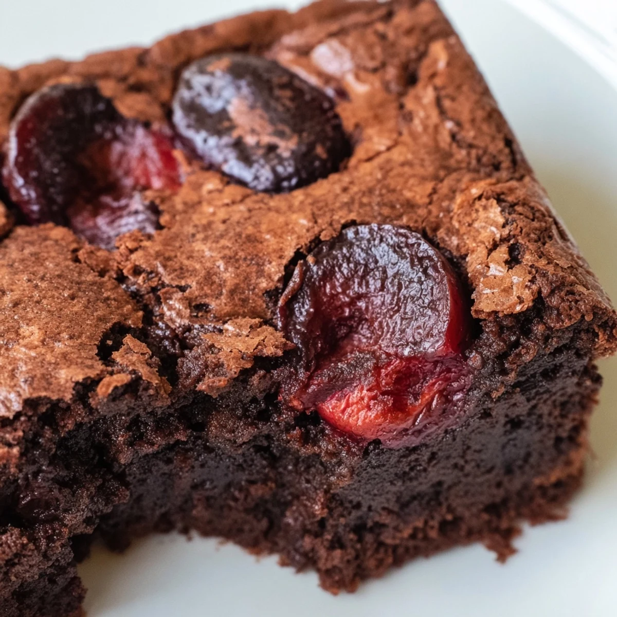 Warm roasted cherry brownies with gooey chocolate chunks and a dusting of powdered sugar on a white plate.