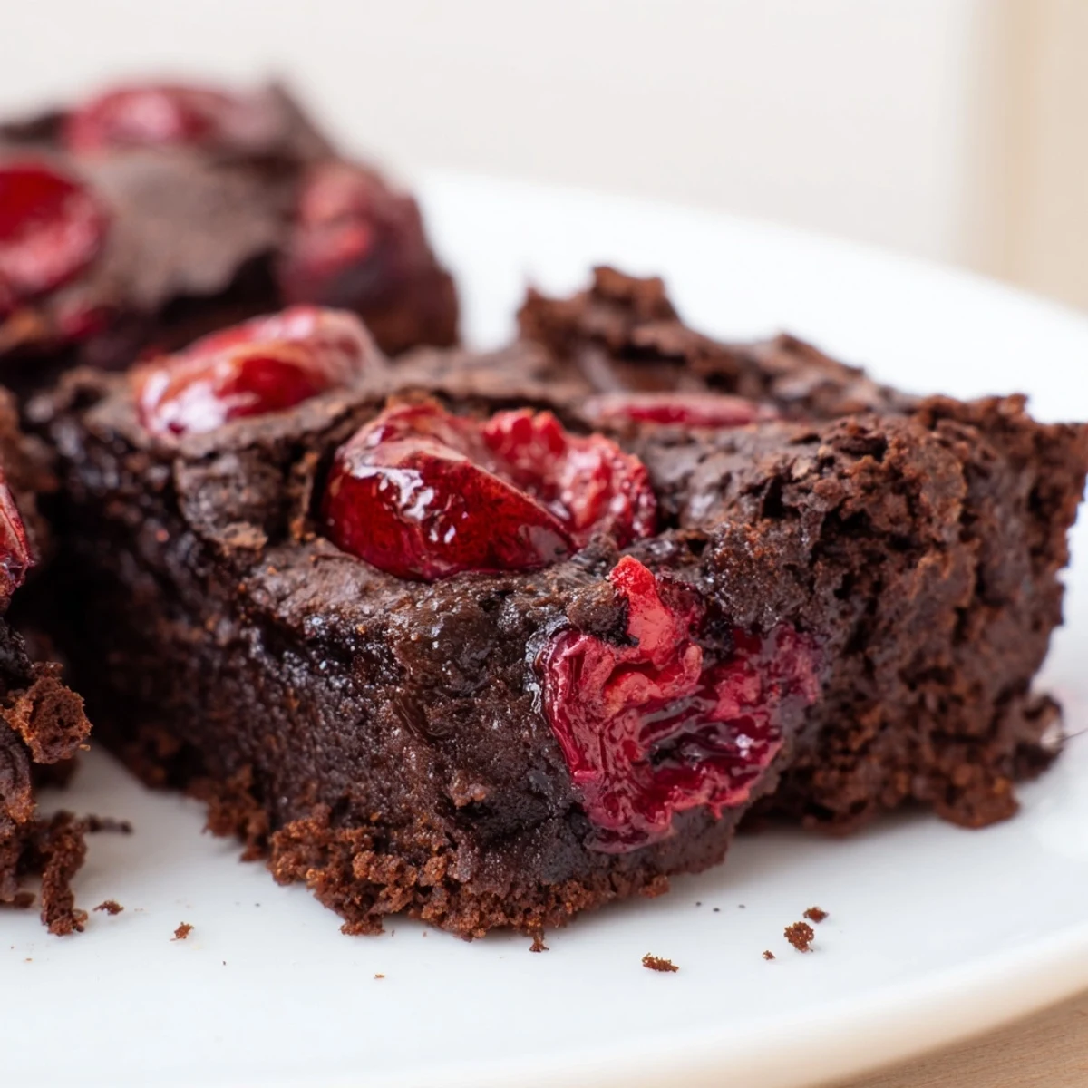 Freshly baked roasted cherry brownies with juicy cherries peeking out, paired with a scoop of vanilla ice cream.