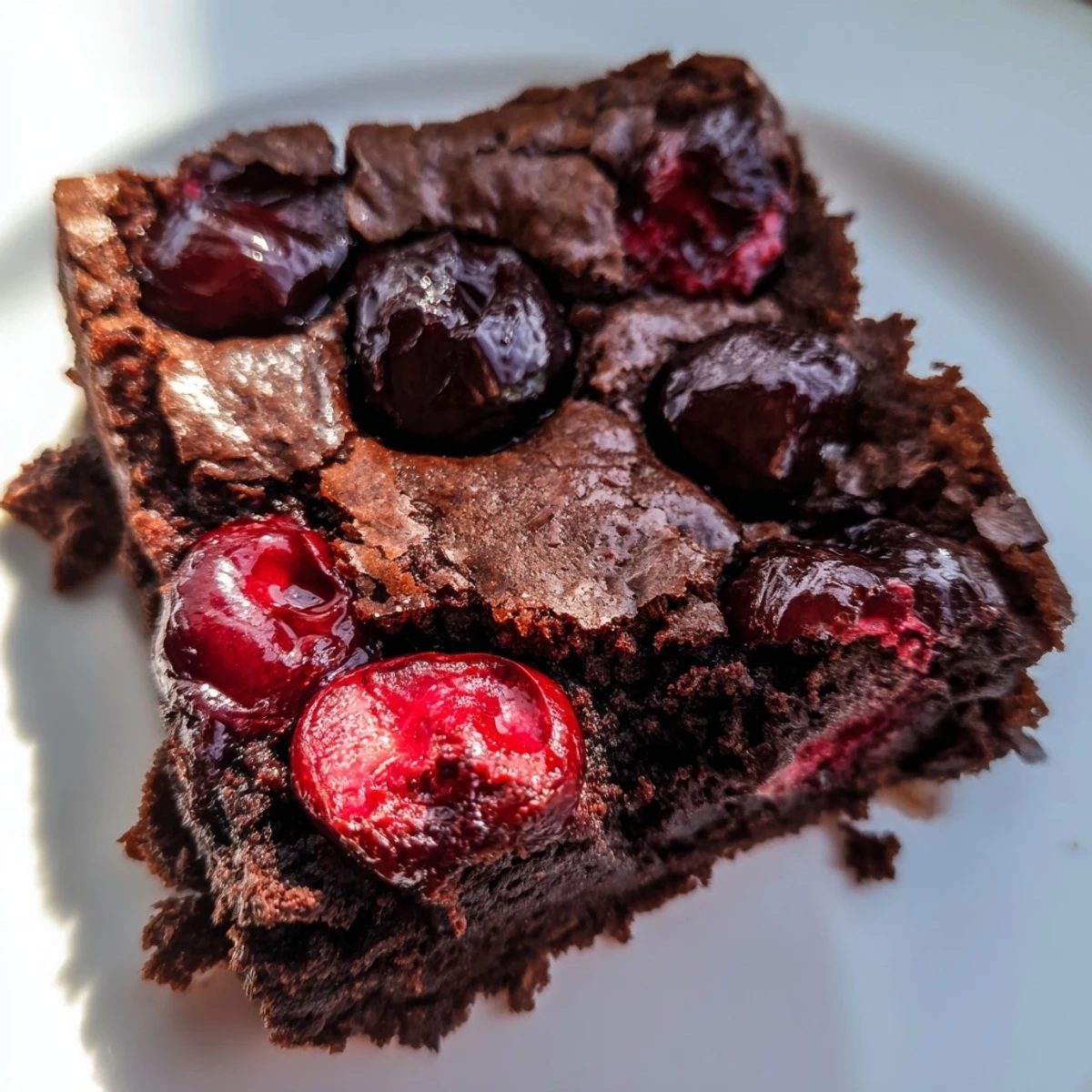 Fudgy chocolate brownies studded with roasted cherries, served on a rustic wooden board for summer dessert.