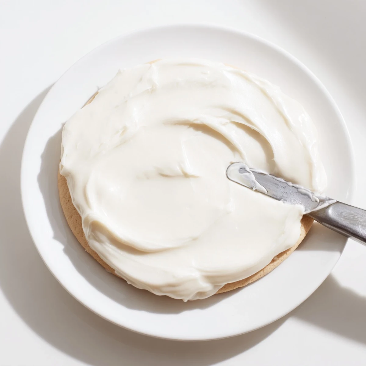 A close-up of a sugar cookie generously spread with Easy Sugar Cookie Frosting, glistening softly in the kitchen light.