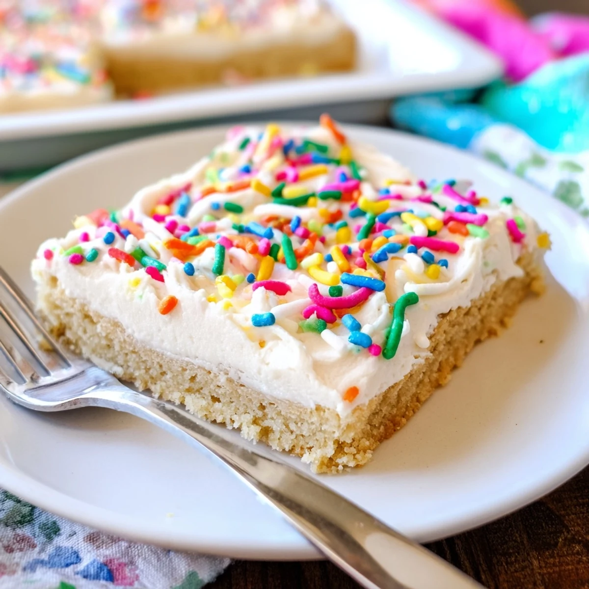 These Sugar Cookie Bars show buttery golden edges and a smooth vanilla frosting spread over the top in a well-lit kitchen shot.