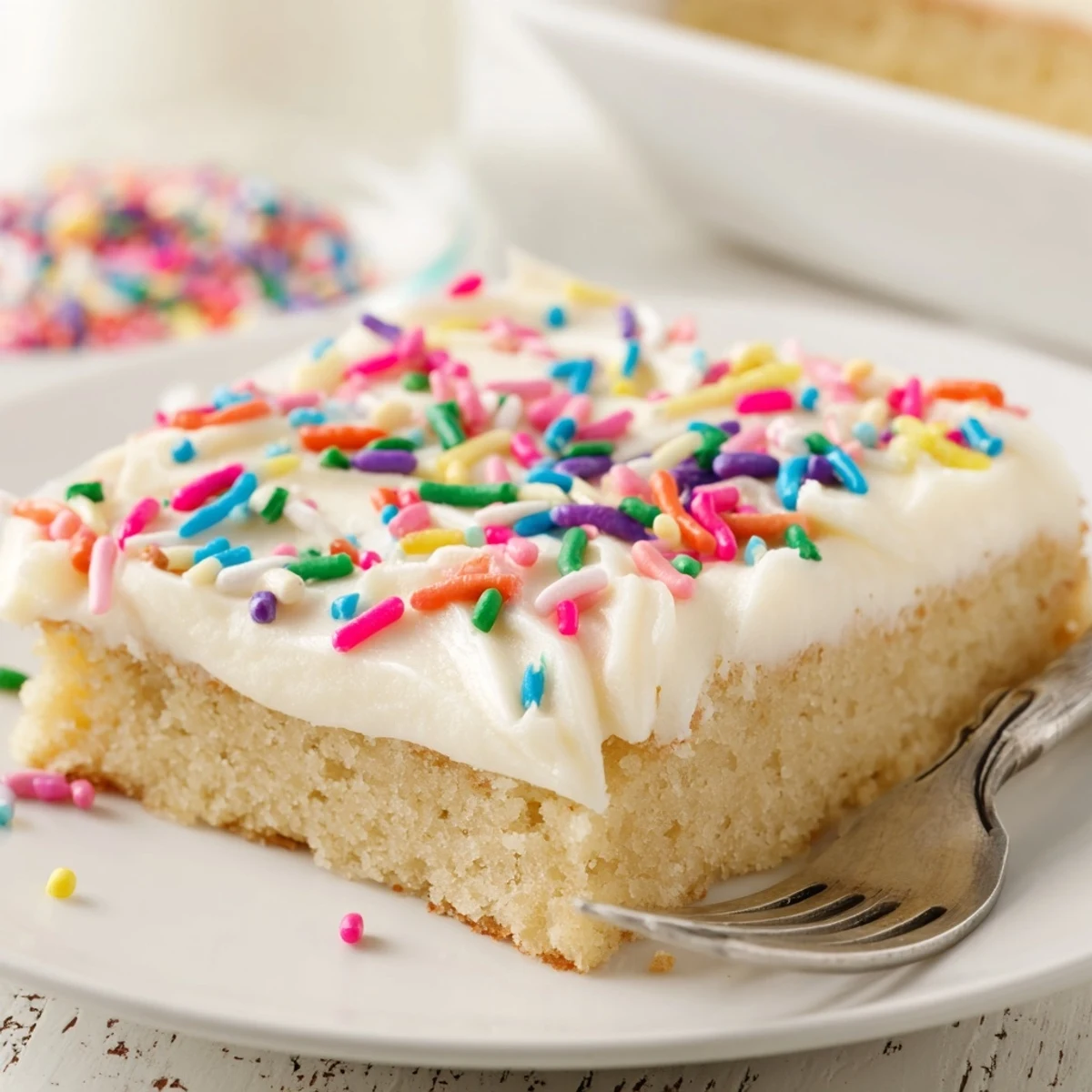 Sugar Cookie Bars cut into squares with creamy frosting and colorful sprinkles on a serving platter, perfect for a sweet party dessert.