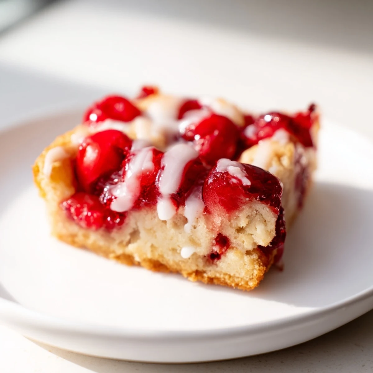 Golden Easy Cherry Pie Bars on a white plate with fresh cherries beside them, ready to serve.  