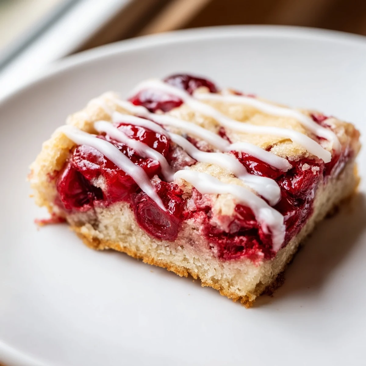 A close-up of Easy Cherry Pie Bars showing the sweet cherry filling oozing from the tender layers.  