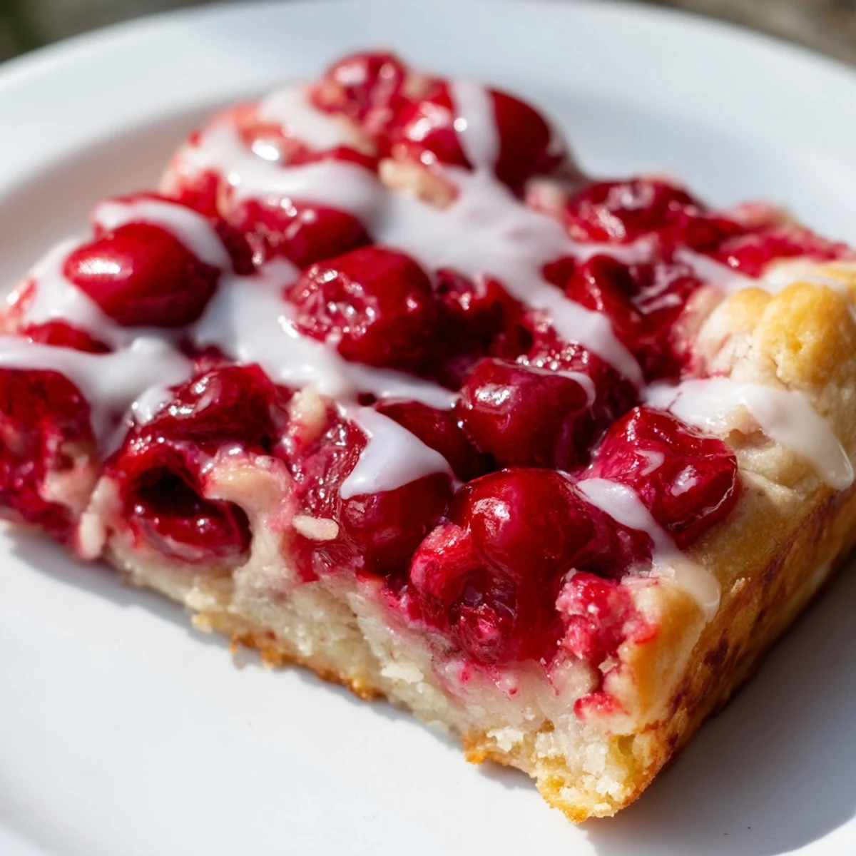 Easy Cherry Pie Bars drizzled with vanilla glaze, arranged on a rustic wooden serving board.