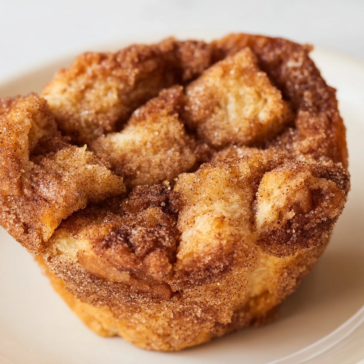 A close-up shows the soft, custardy crumb of a Cinnamon Sugar French Toast Muffin with maple syrup.