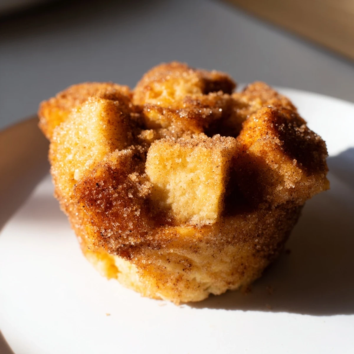 Twelve freshly baked Cinnamon Sugar French Toast Muffins are arranged on a white plate, ready to serve.