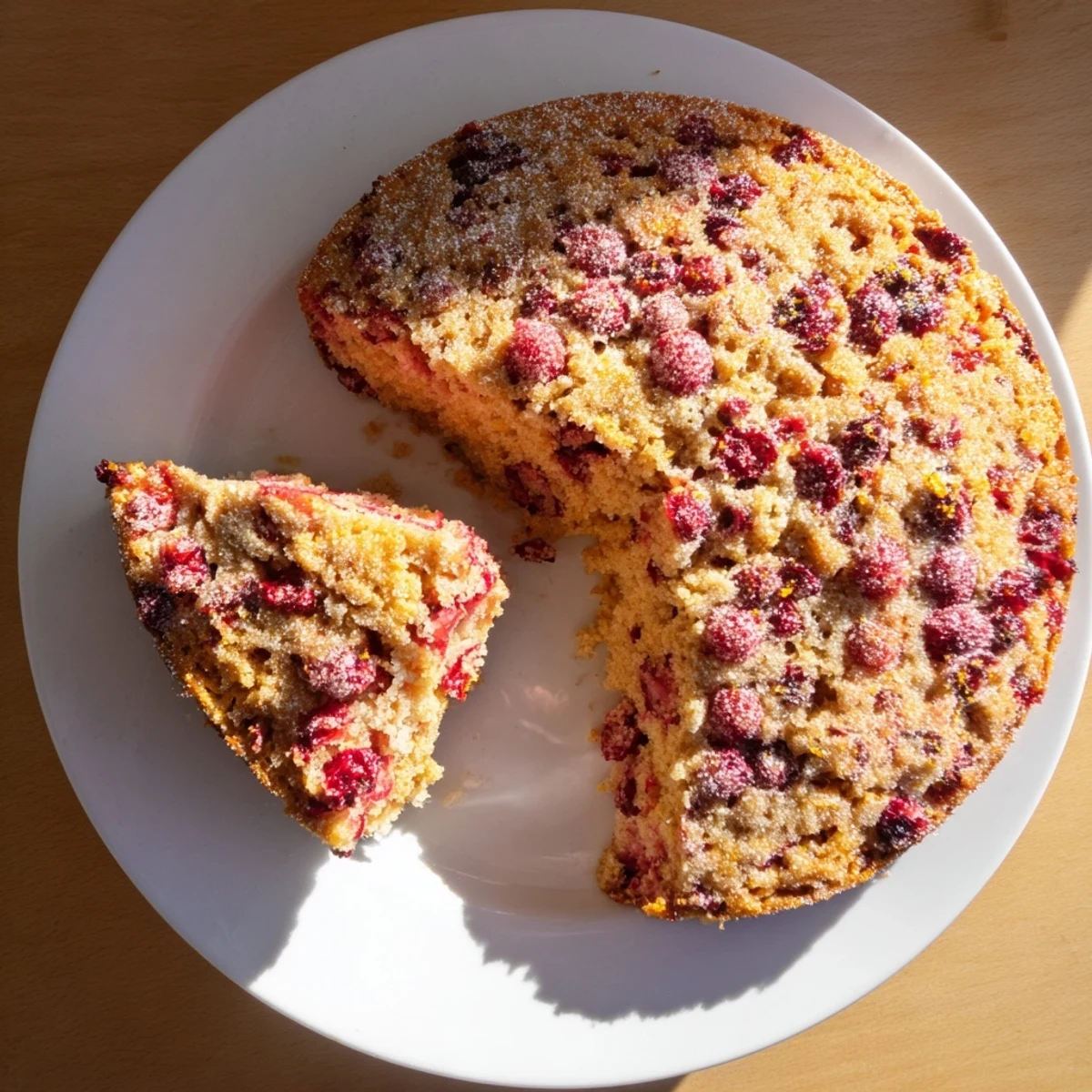 Freshly baked Cranberry Cake with a golden crumb, studded with tart cranberries and a hint of orange zest, served on a rustic plate.
