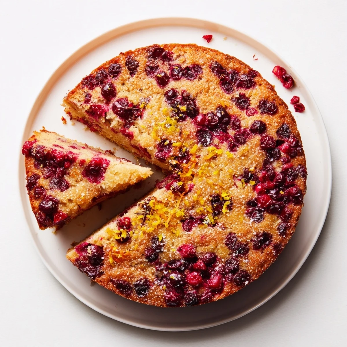 Moist slice of Cranberry Cake on a white dessert plate, showing juicy red berries in a buttery batter, ready to enjoy with coffee.