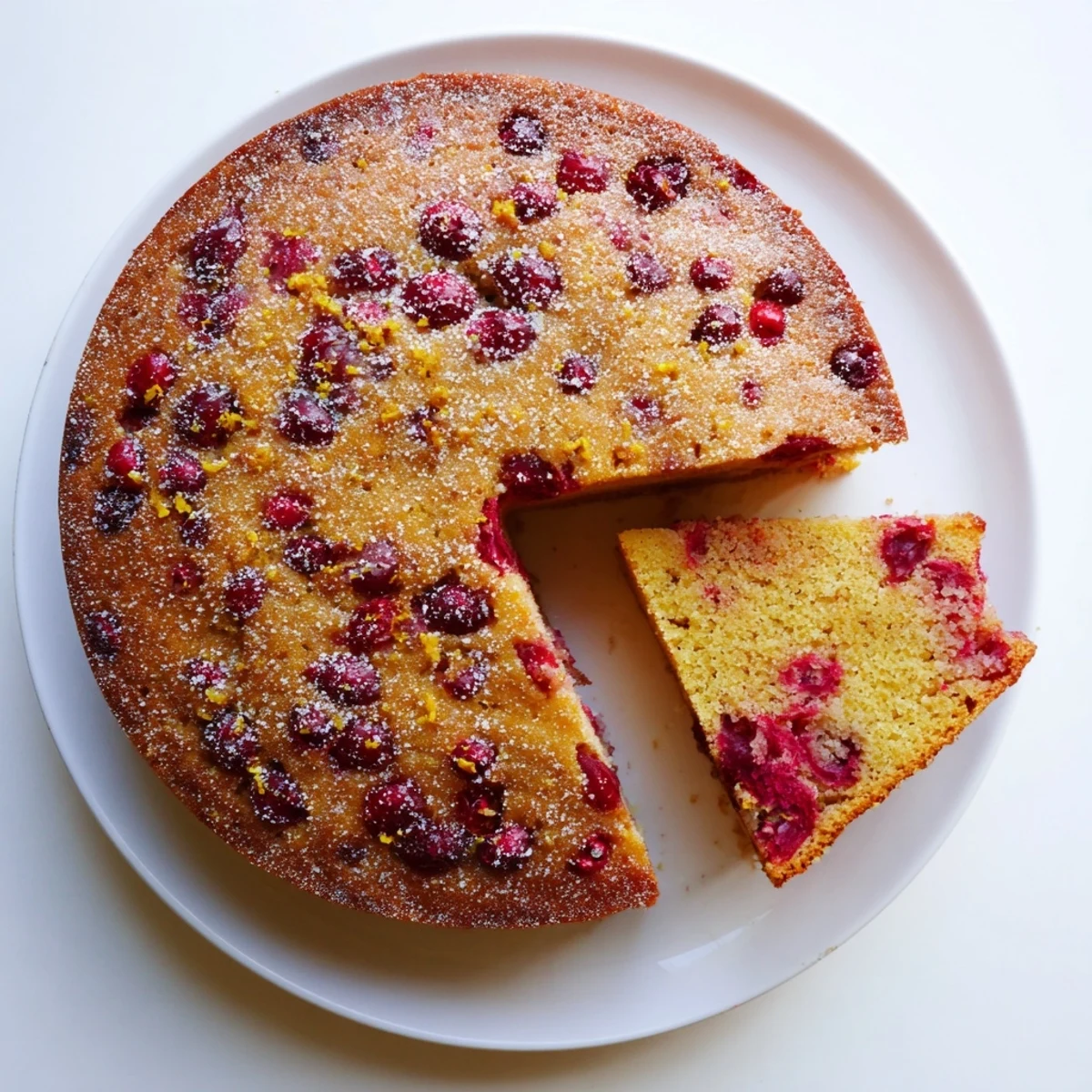 Homemade Cranberry Cake cooling on a wire rack, topped with sparkling sugar and orange zest, a perfect holiday dessert for American tables.