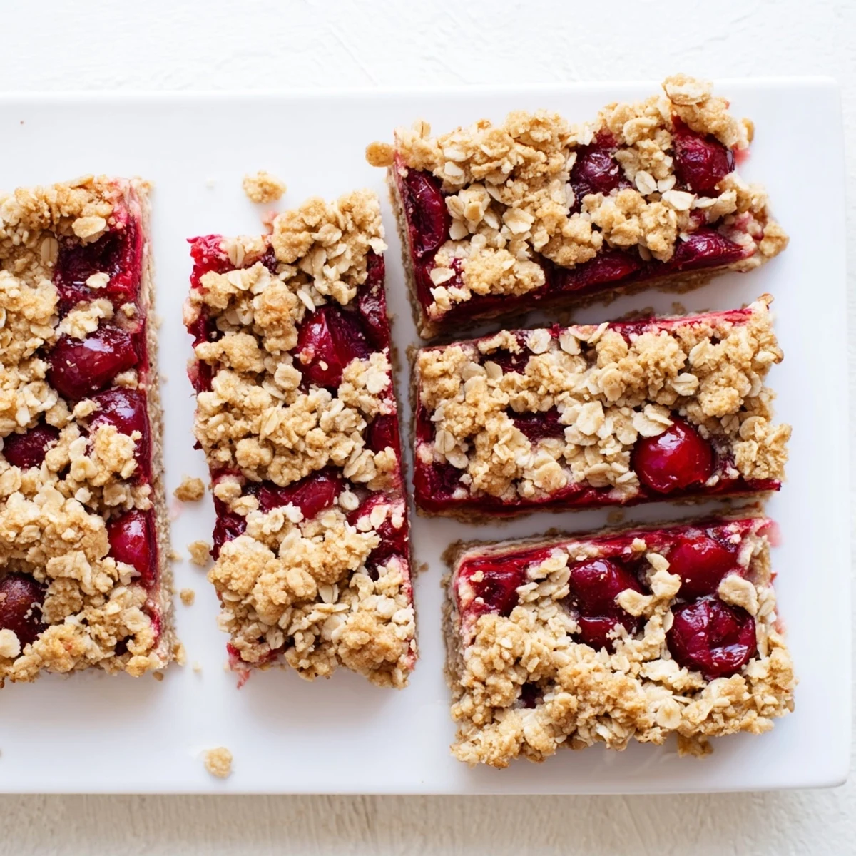 Freshly baked Easy Tasty Cherry Crumble Bars with a golden oat topping and bubbly red filling.