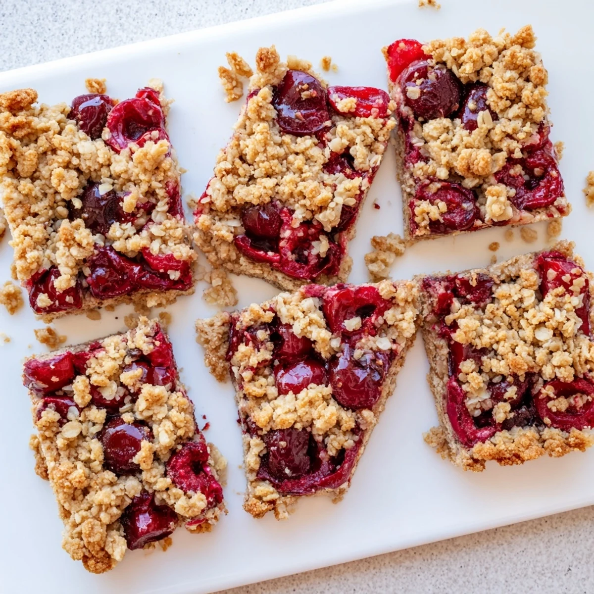Easy Tasty Cherry Crumble Bars stacked on a white plate with crumbly texture and fresh cherries nearby.