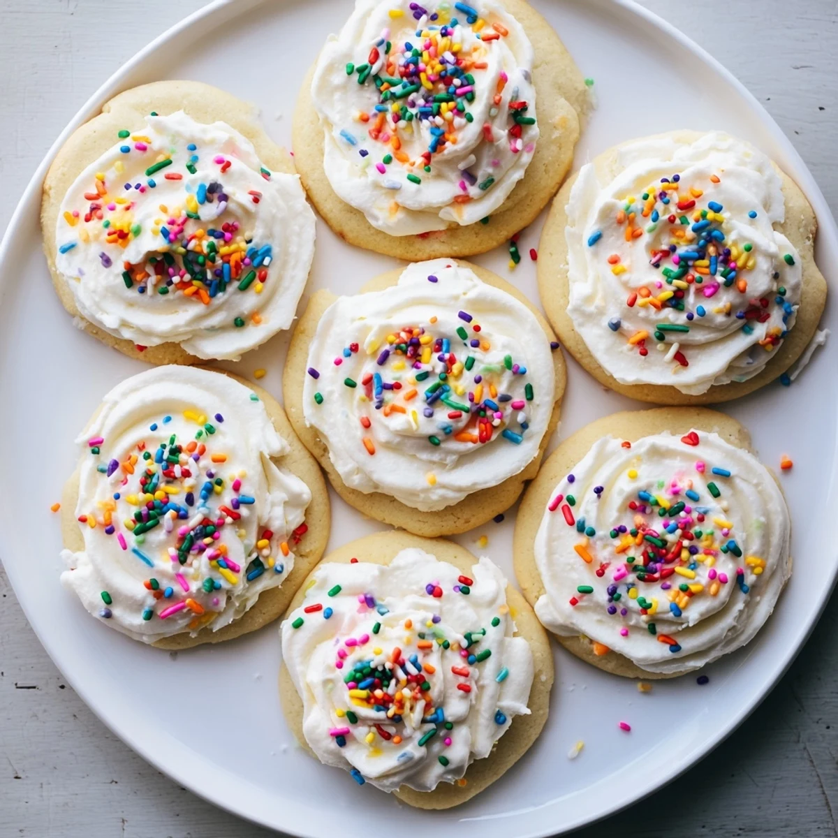 Soft sour cream sugar cookies with cream cheese frosting on a cooling rack, showing tender, pillowy texture and creamy white frosting.