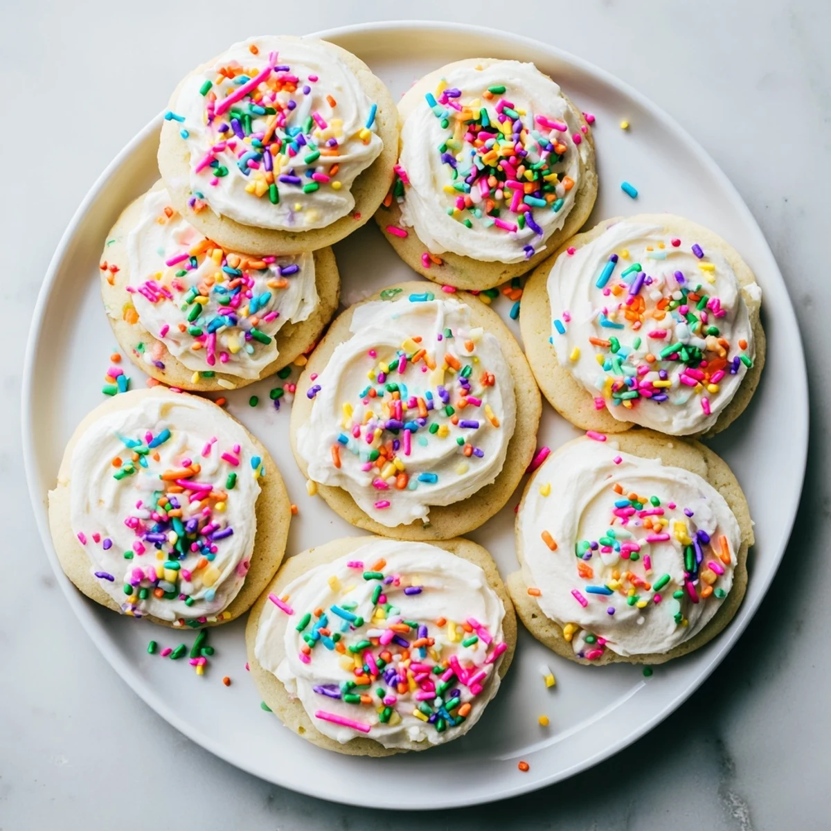 Stack of soft sour cream sugar cookies with cream cheese frosting, ready to serve with a glass of cold milk.