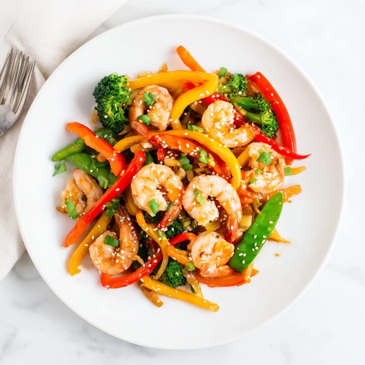 Bright red and green vegetables with tender shrimp tossed in glossy, savory sauce for Shrimp Stir Fry over steamed rice.