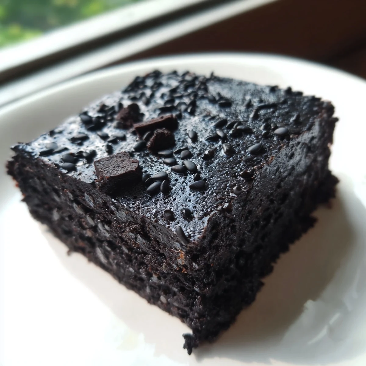 Sliced Black Sesame Brownies on a white plate, showcasing fudgy texture and a sprinkling of sesame seeds.