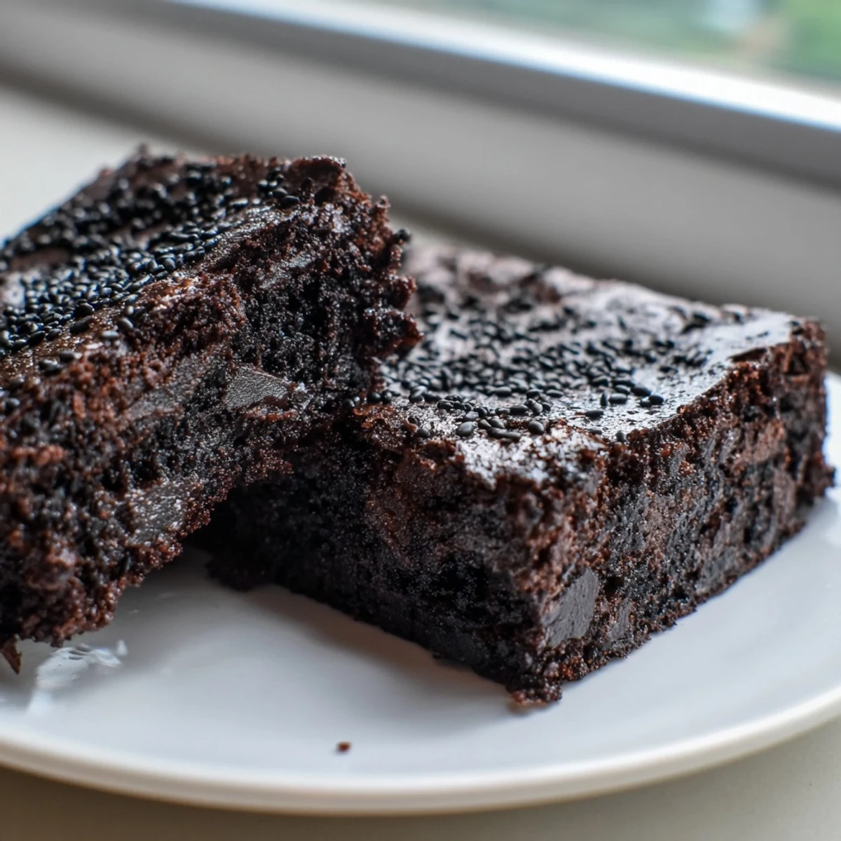 Freshly baked Black Sesame Brownies cooling on a wire rack, prepared with cocoa and nutty sesame paste.