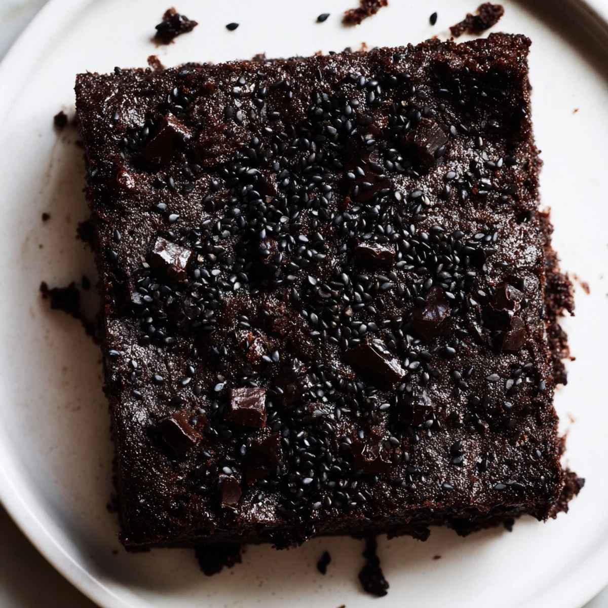A rich square of Black Sesame Brownies served with vanilla ice cream, drizzled with chocolate sauce.