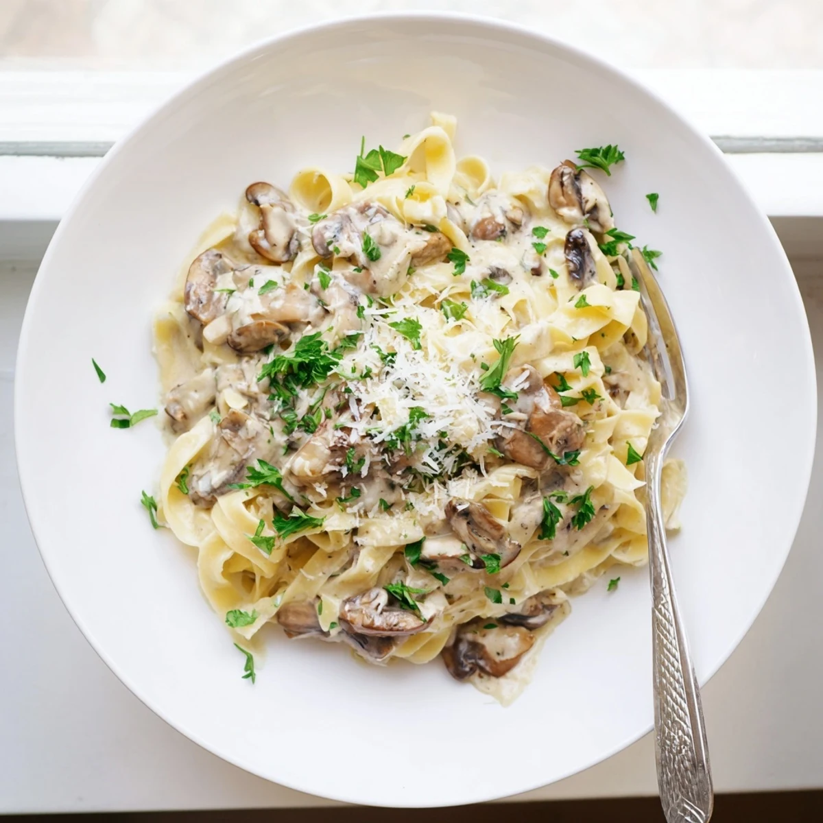 Creamy truffle mushroom pasta with sautéed mushrooms on a white plate.