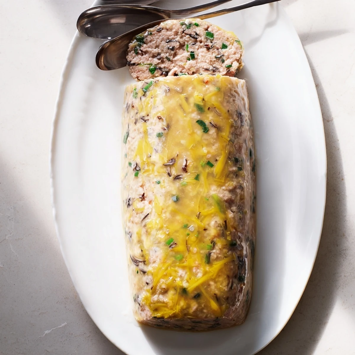 Steamed Cha Trung Hap pork and egg meatloaf, sliced to reveal its soft, savory texture and golden yolk topping.