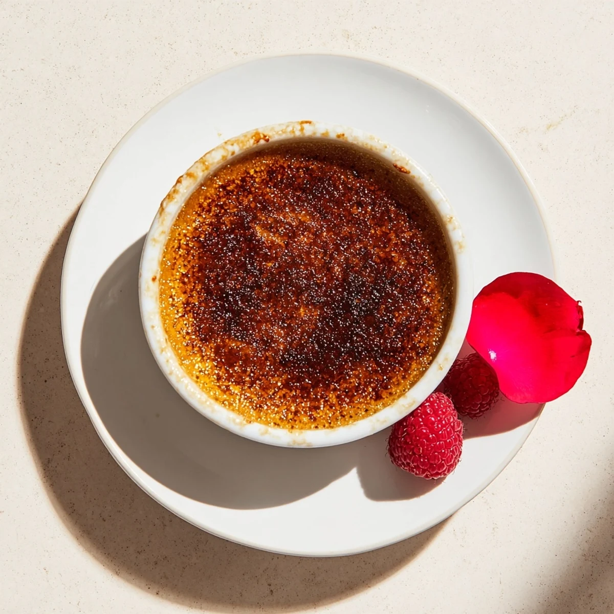 Garnished with fresh raspberries, this romantic Chocolate Crème Brûlée for Valentines Day is ready to serve on a dinner plate.