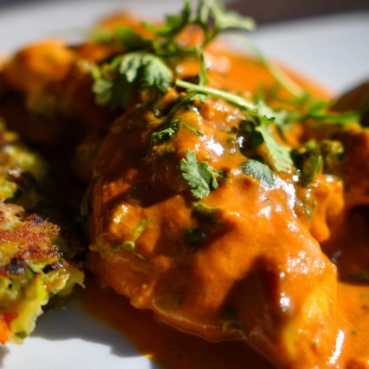 Creamy spiced Butter Chicken and Vegetable Fritters served with cilantro garnish, golden-brown patties alongside rich orange curry sauce.