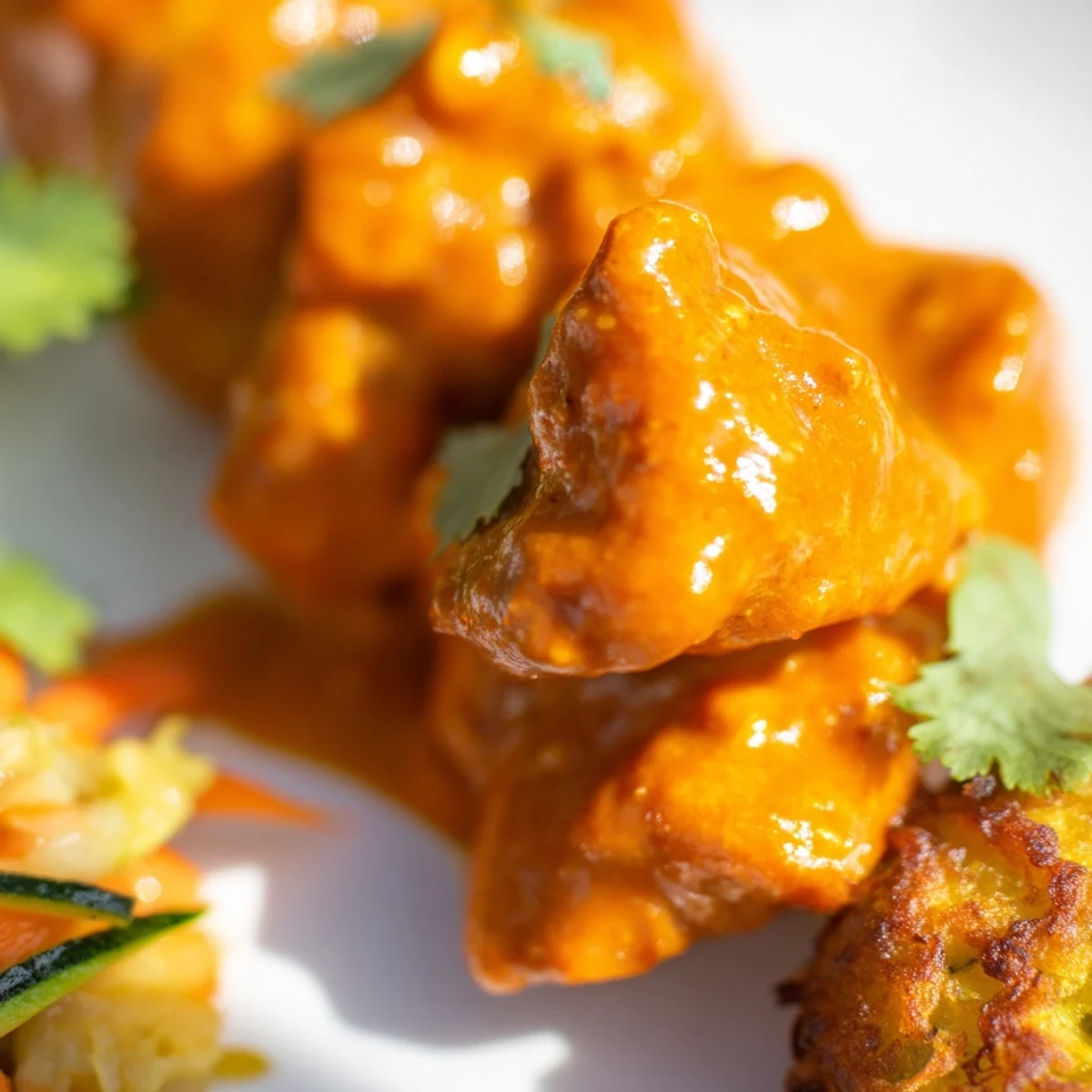Golden-brown Vegetable Fritters and rich Butter Chicken plated with naan, steam rising from the creamy spiced curry.