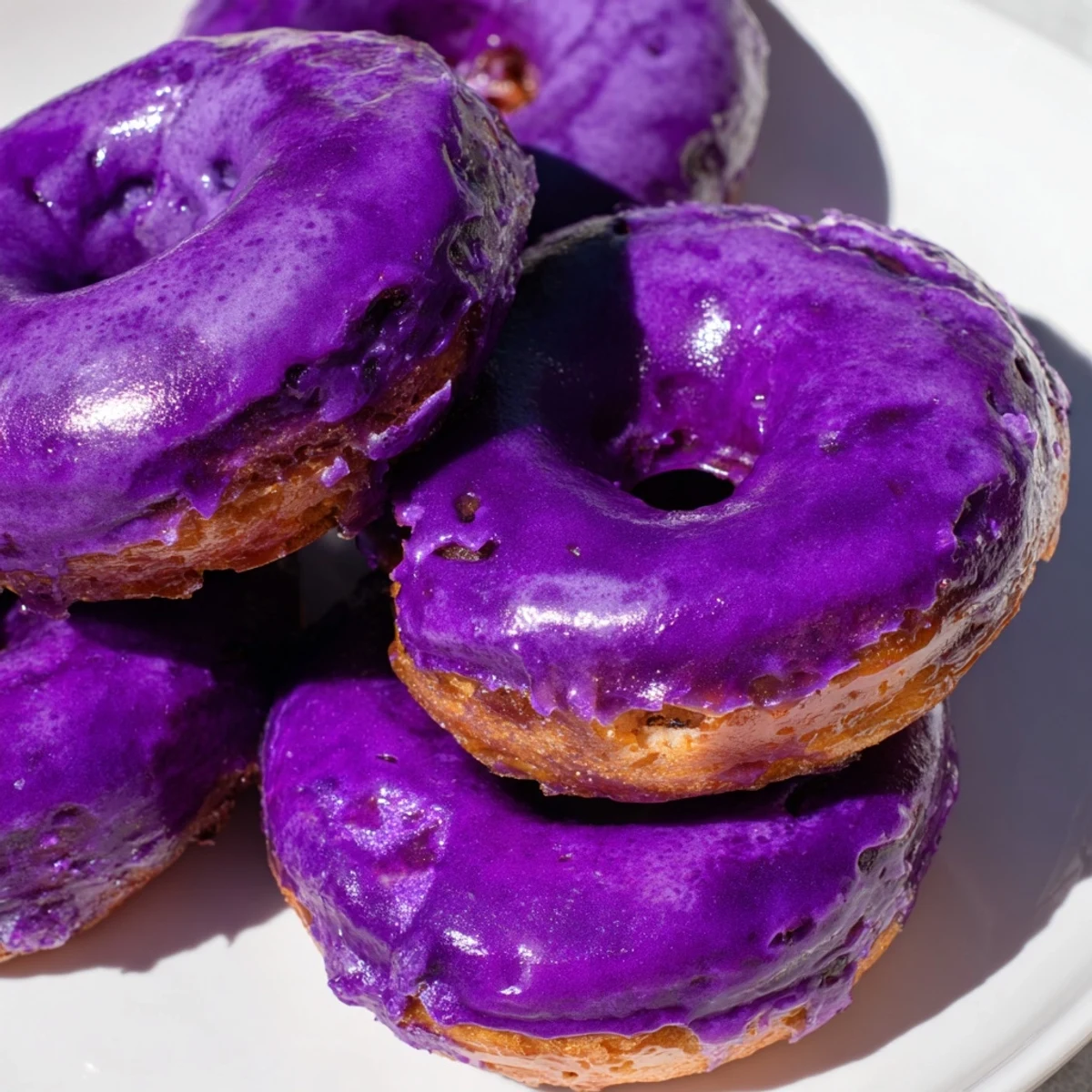 Freshly fried Ube Mochi Donuts with a vibrant purple glaze on a wire rack, releasing warm steam.