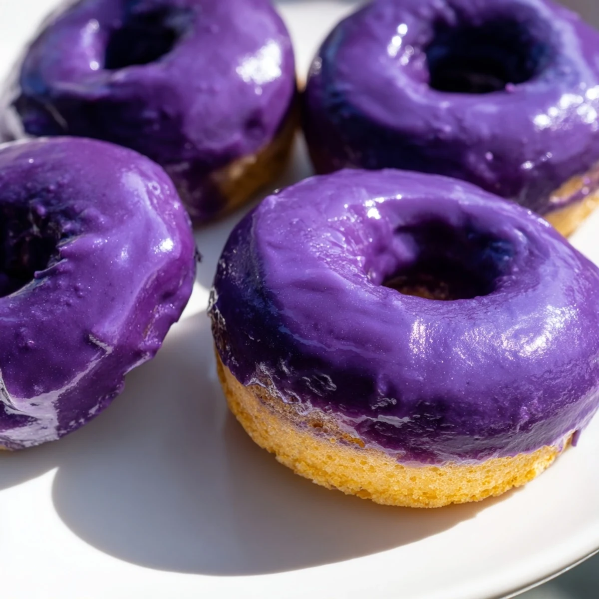 Close-up of a halved Ube Mochi Donut, revealing its soft, chewy mochi texture and rich purple filling.