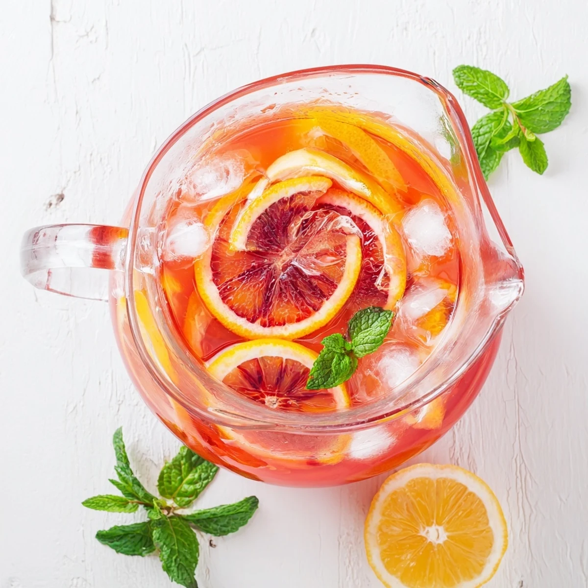 Glasses of vibrant blood orange lemonade garnished with fresh mint and citrus slices, capturing a refreshing summer beverage.