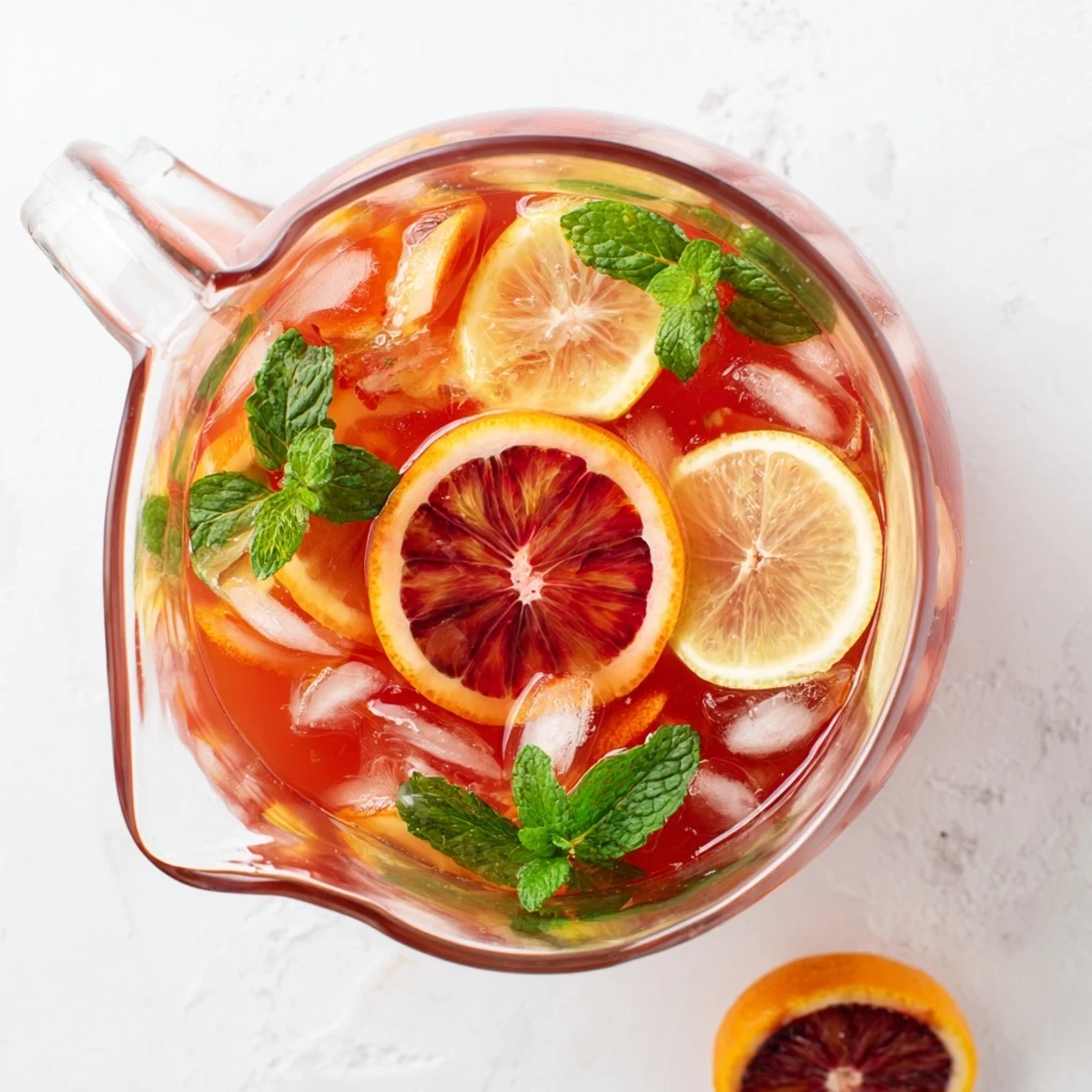 A large pitcher of homemade blood orange lemonade with sliced fruit and mint, perfect for easy entertaining.