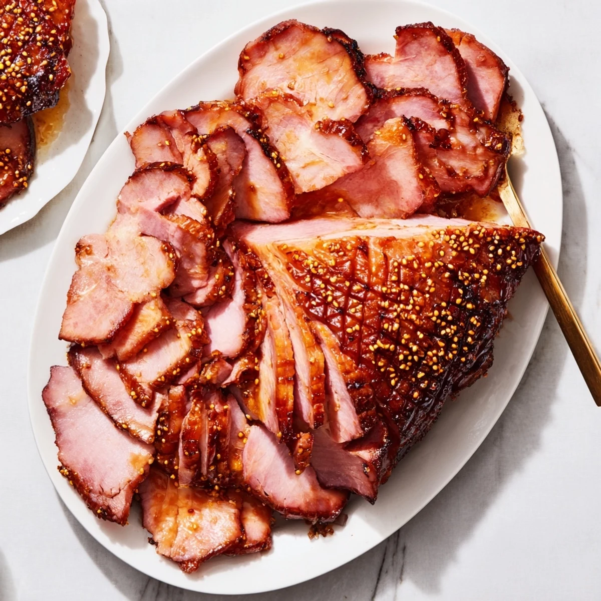 Golden-brown, caramelized slices of Brown Sugar Mustard Glazed Ham on a festive platter garnished with fresh rosemary and clove studded sections, glistening with sweet and tangy glaze.