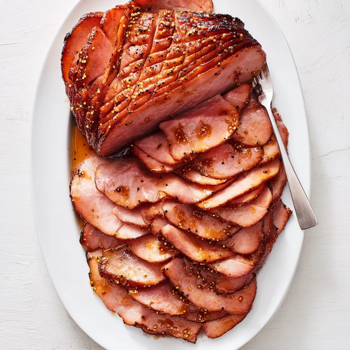 A close-up of juicy, tender Brown Sugar Mustard Glazed Ham revealing the moist interior and crispy, dark caramelized edges from the oven-roasted cooking process.