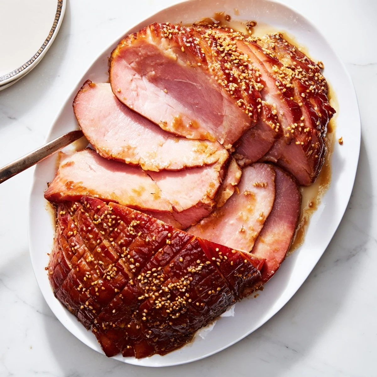Sliced pieces of Brown Sugar Mustard Glazed Ham arranged on a wooden serving board, ready to be enjoyed with roasted vegetables or scalloped potatoes for a main dish.