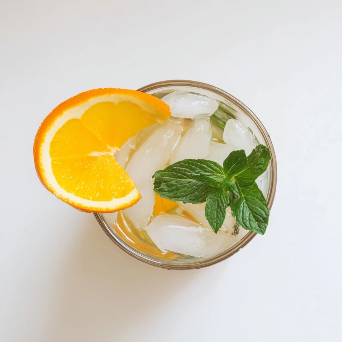 The Refreshing Coconut Orange Glow is poured over ice in a clear glass, garnished with fresh mint leaves and a lime wedge nearby.