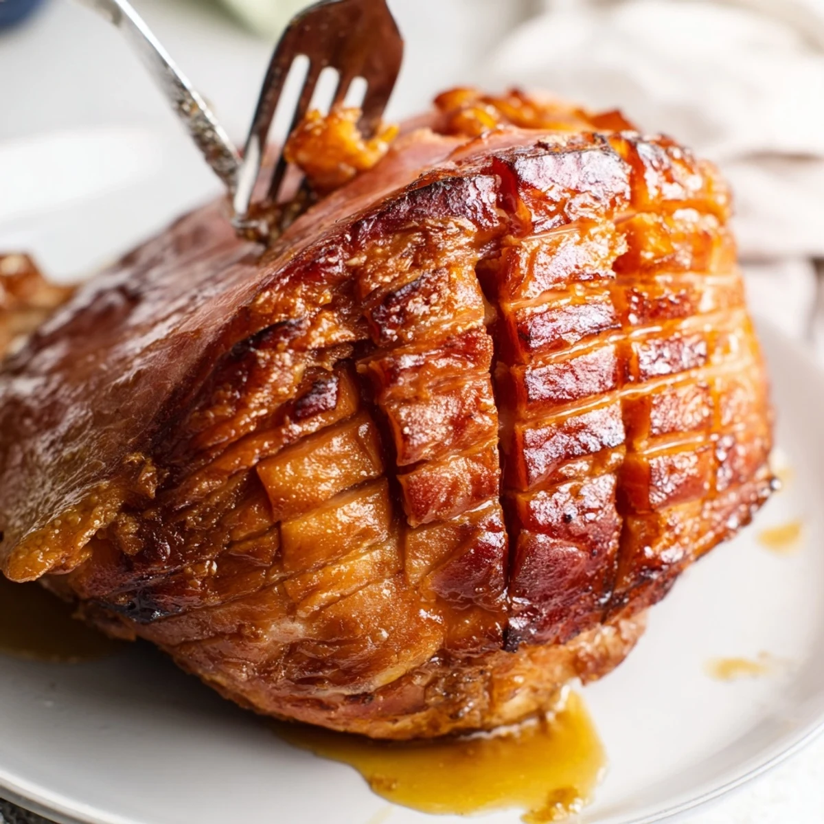 Tender Baked Ham with Maple Dijon Glaze, sliced and arranged on a platter with roasted vegetables for a family meal.