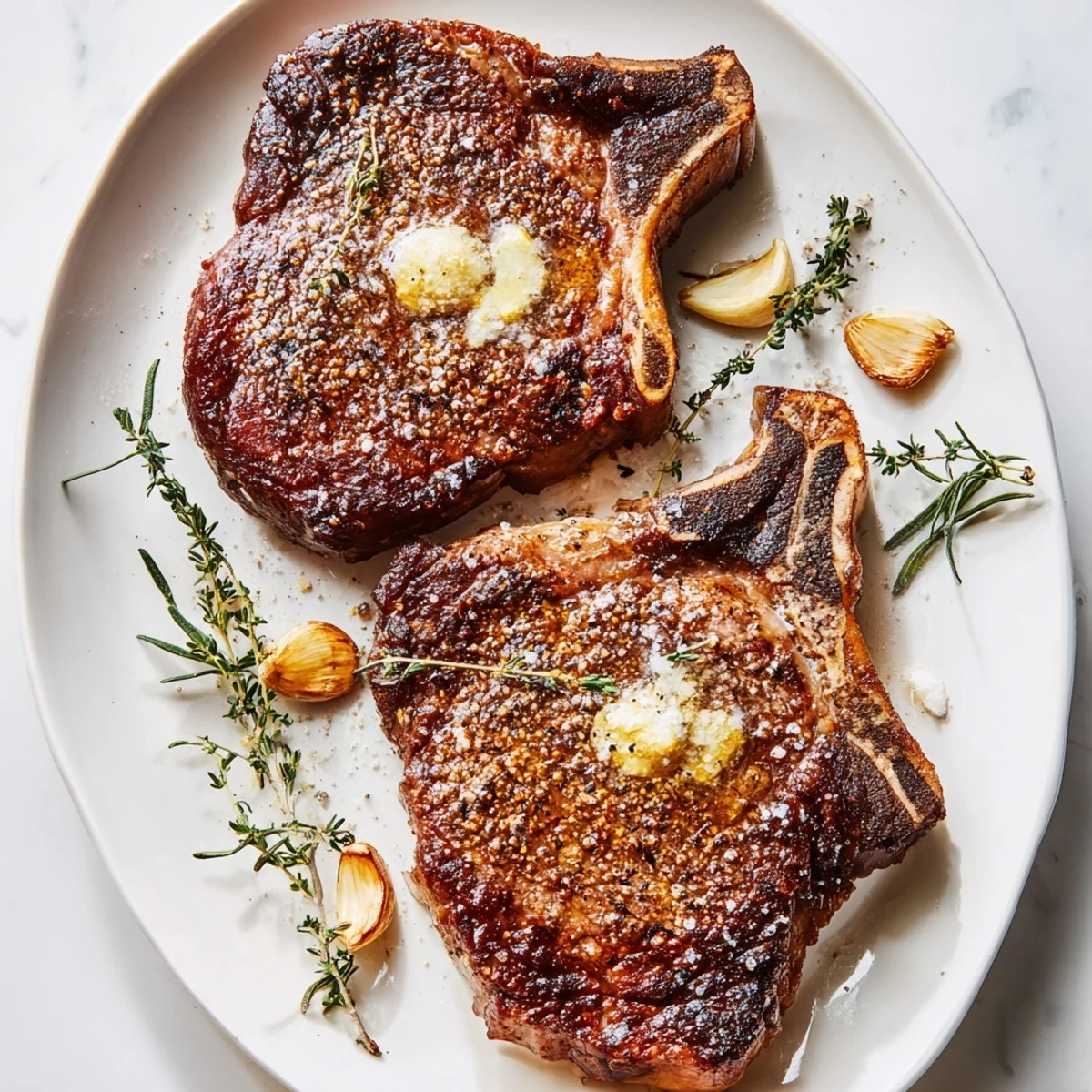 Golden-brown Pan Seared Ribeye Steak sizzling in a hot cast-iron skillet with melted butter, garlic, and fresh herbs.