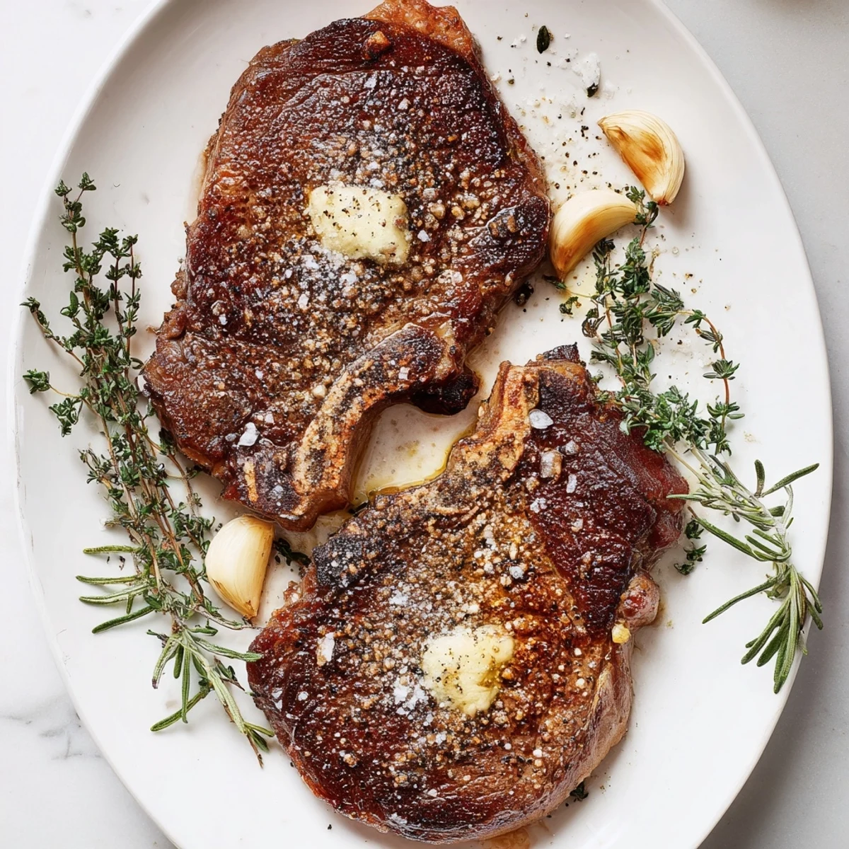 Juicy Pan Seared Ribeye Steak plated beside roasted potatoes and a fresh salad, ideal for a weeknight American dinner.