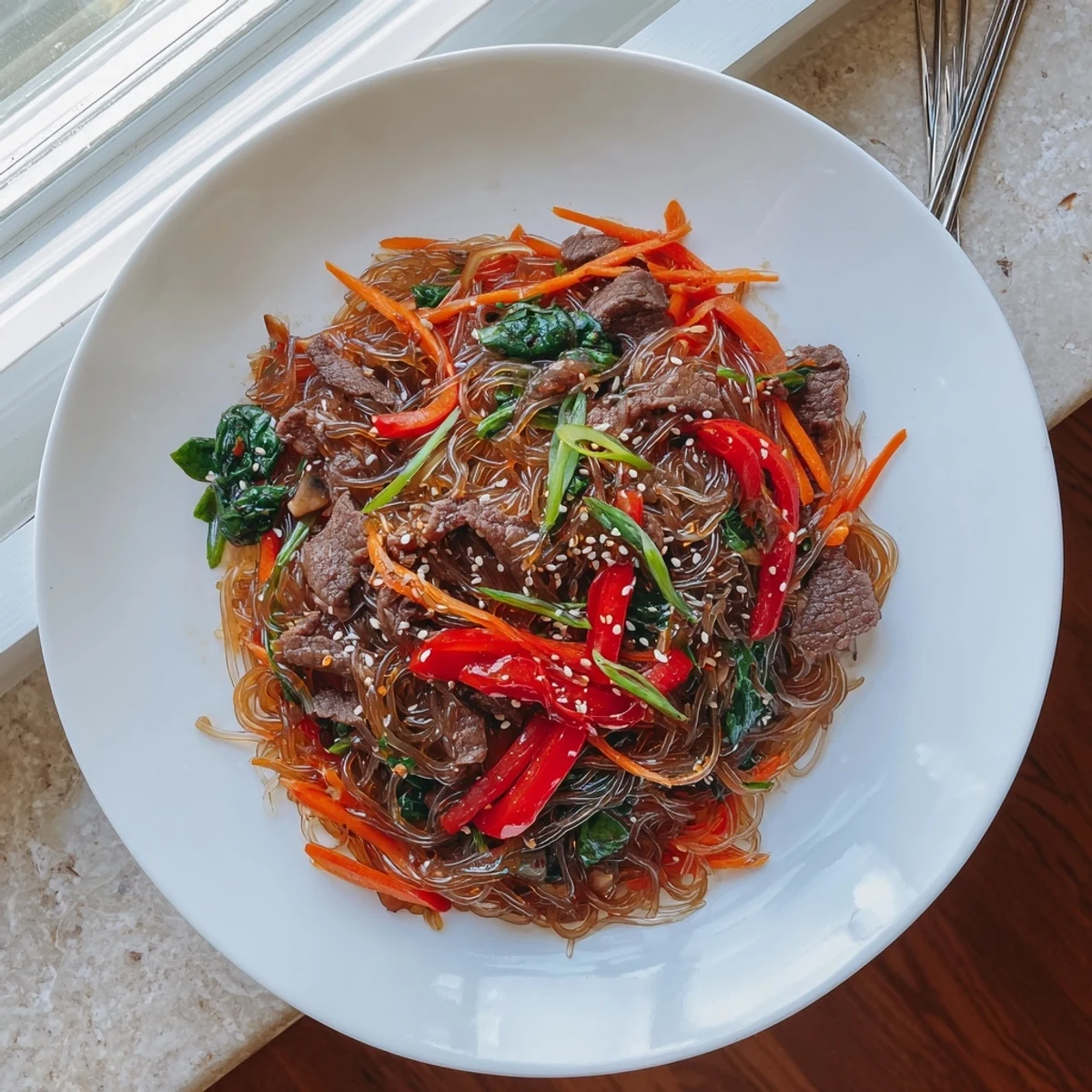 Bright red bell peppers, julienned carrots, and tender beef swirl through glossy Korean Beef Noodles in a savory gochujang sauce.