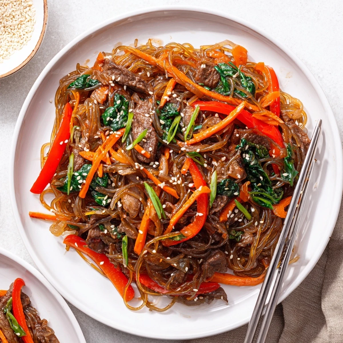 Colorful vegetables and sliced beef rest alongside chopsticks in a skillet of homemade Korean Beef Noodles, ready to serve.
