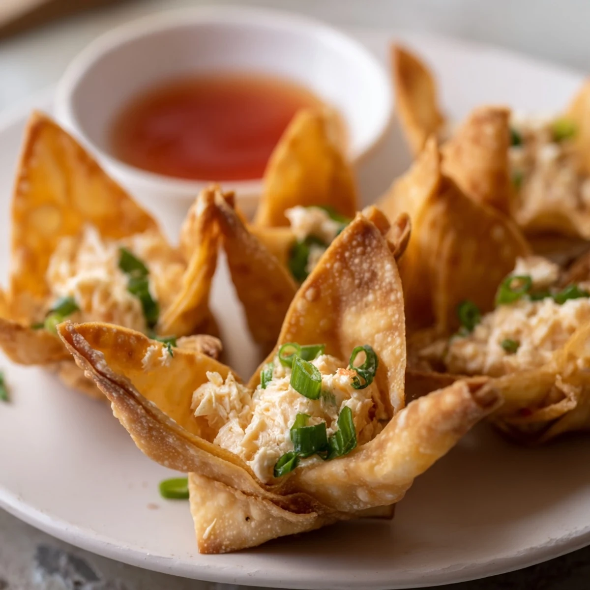 Golden-brown Crispy Crab Rangoon Bombs with Creamy Filling, garnished with green onions and sweet chili sauce on a plate.