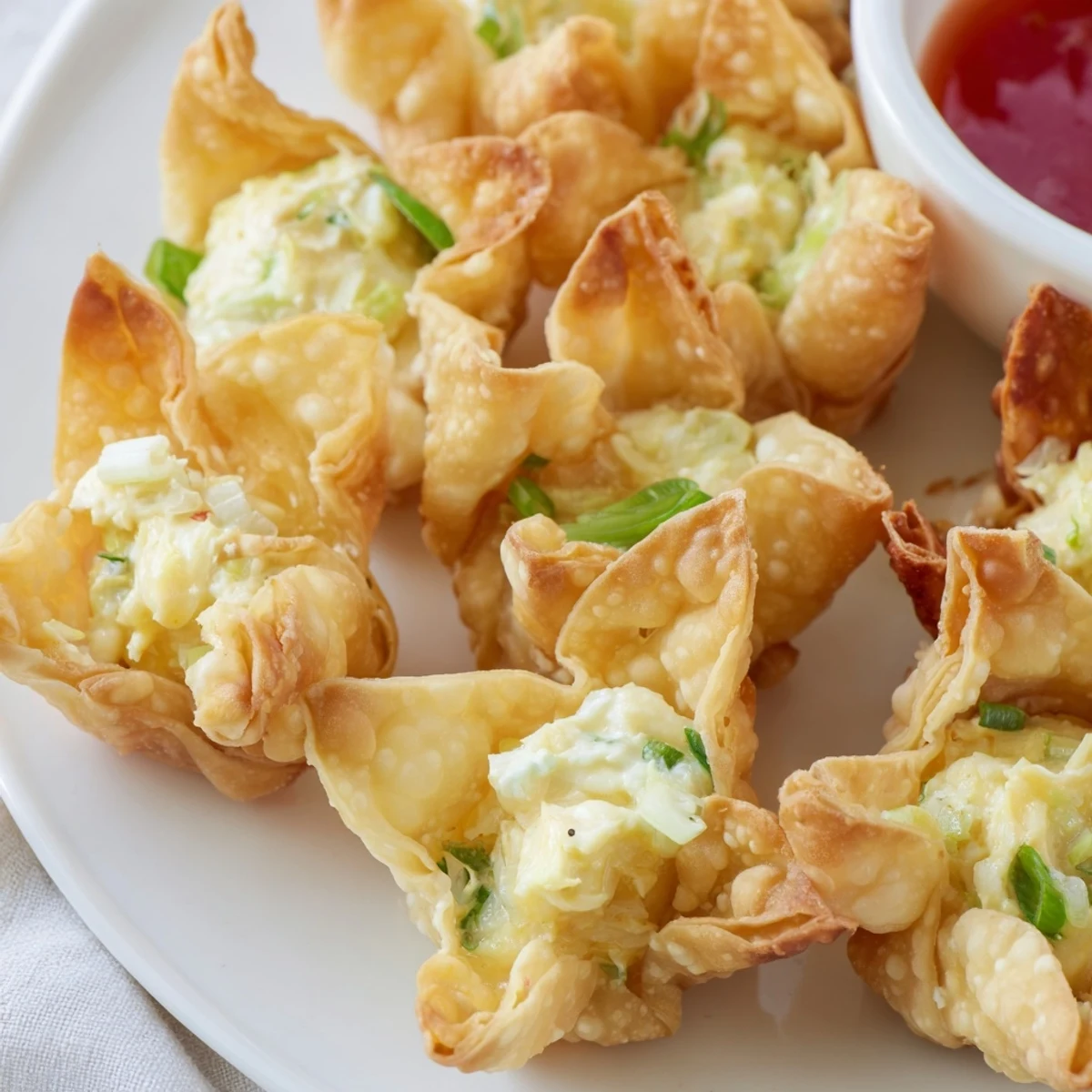 Freshly fried Crispy Crab Rangoon Bombs with Creamy Filling served warm on a wooden board, ready for a party appetizer.