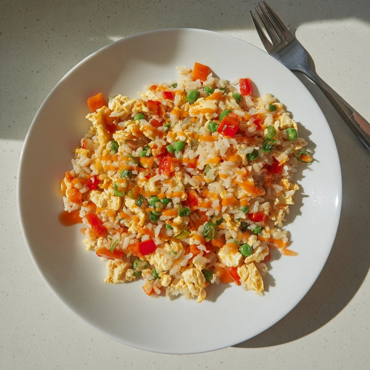 Glossy Bang Bang Fried Rice tossed in creamy chili sauce, with scrambled eggs and toasted sesame seeds, ready to enjoy.