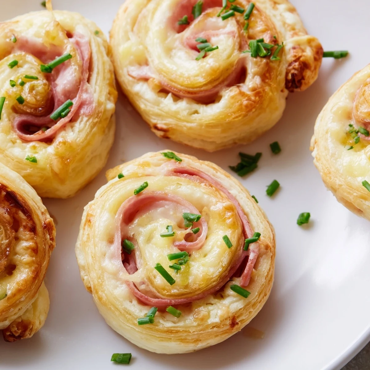 Golden-brown Ham and Cheese Pinwheels on a serving platter, showcasing flaky pastry spirals with melted cheese.