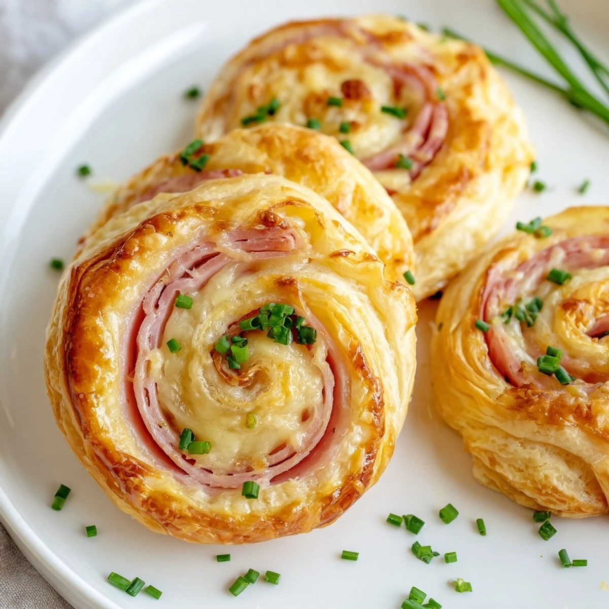 Freshly baked Ham and Cheese Pinwheels arranged on a rustic wooden board, ready to serve as a snack.