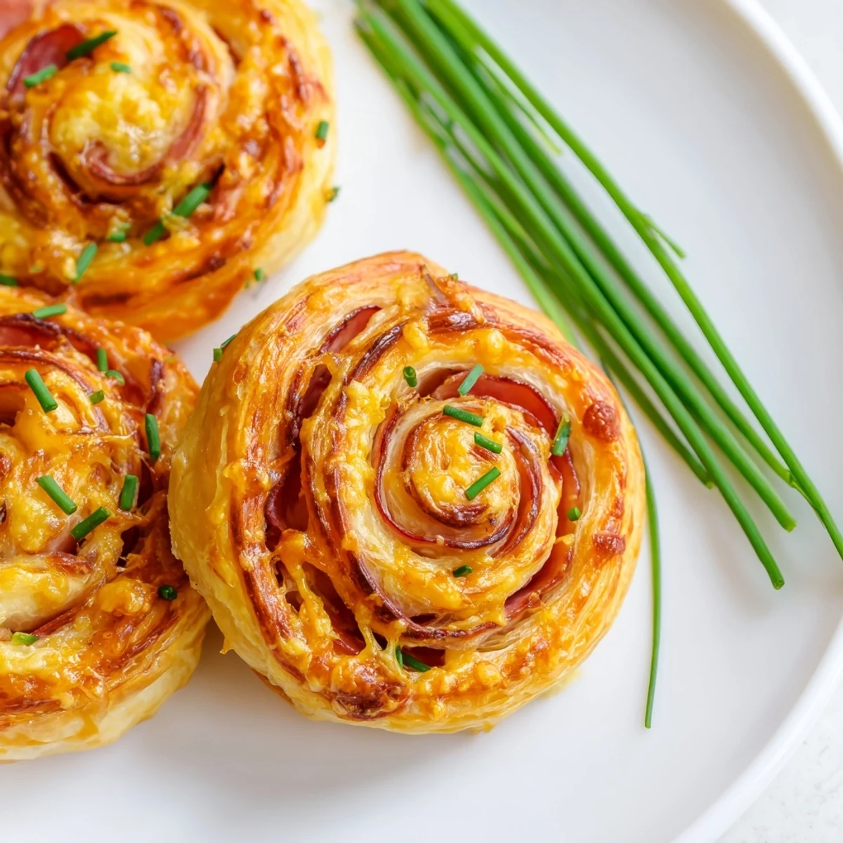 Close-up of Ham and Cheese Pinwheels with bubbly golden pastry and savory ham and cheese filling visible.